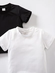 SHEIN Souflis 2件組女嬰服裝 白色與黑色 夏季休閒度假 時尚優雅老錢風圓領柔軟T恤上衣 度假海灘校園穿搭 - 黑與白 - 查看 7