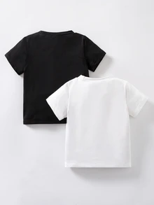 SHEIN Souflis 2件組女嬰服裝 白色與黑色 夏季休閒度假 時尚優雅老錢風圓領柔軟T恤上衣 度假海灘校園穿搭 - 黑與白 - 查看 2