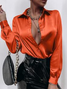 SHEIN Unity 缎面纯色纽扣前襟衬衫、长袖上衣 - 橘色 - 查看 2