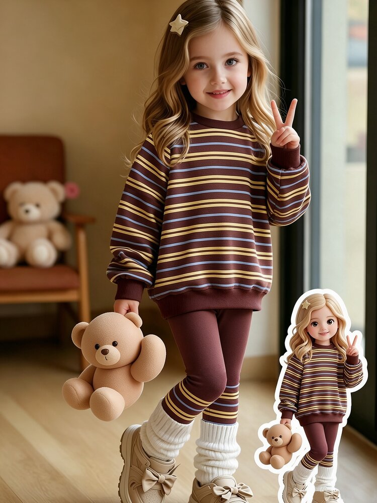 2pcs/Set Girls Toddler Autumn Casual Outfit: Striped Crew Neck Sweatshirt & Leggings Combination, Versatile Daily Wear Choice - Multicolor - View 3