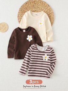 Cozy Pixies 3pcs -Pack Baby Girls' 3D Floral Applique Crew-Neck Long-Sleeve Casual Top - Multicolor - View 5