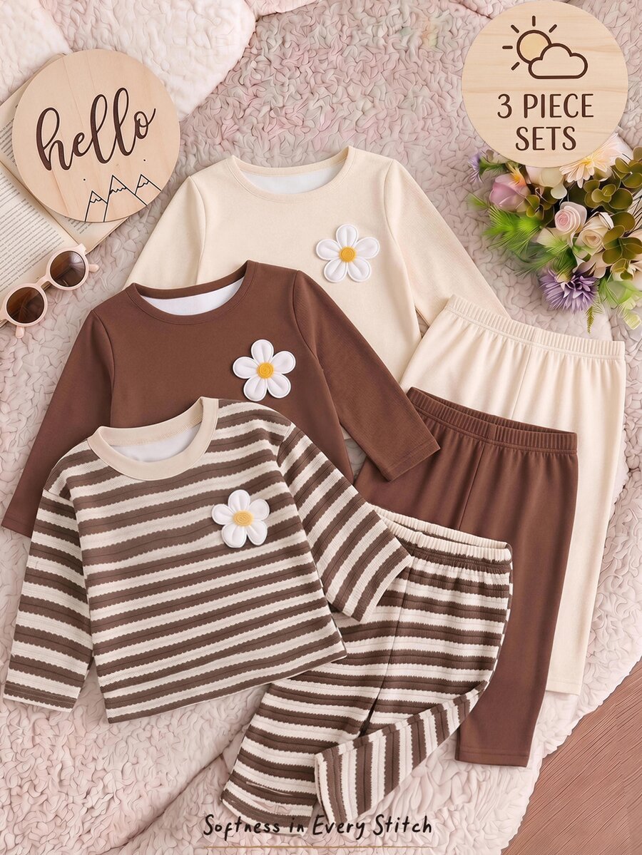 Cozy Pixies 3pcs -Pack Baby Girls' 3D Floral Applique Crew-Neck Long-Sleeve Casual Top - Multicolor - View 1