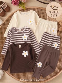 Cozy Pixies 3pcs -Pack Baby Girls' 3D Floral Applique Crew-Neck Long-Sleeve Casual Top - Multicolor - View 2