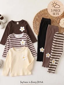 Cozy Pixies 3pcs -Pack Baby Girls' 3D Floral Applique Crew-Neck Long-Sleeve Casual Top - Multicolor - View 4