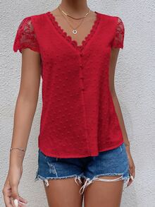 Trelyra Swiss Dot Guipure Lace Panel Blouse For New Year Clothes - Red - View 6