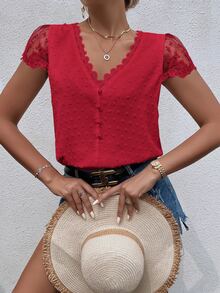 Trelyra Swiss Dot Guipure Lace Panel Blouse For New Year Clothes - Red - View 7