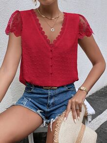 Trelyra Swiss Dot Guipure Lace Panel Blouse For New Year Clothes - Red - View 4