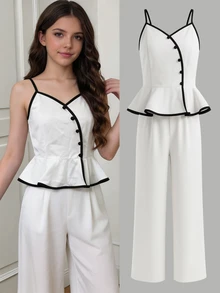 TeenGirl Elegant Casual Cute Sets Colorblock Design Spaghetti Waist Asymmetric Trim Sleeveless Minimalist Party Formal Concert White Summer - White - View 7