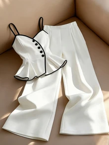 TeenGirl Elegant Casual Cute Sets Colorblock Design Spaghetti Waist Asymmetric Trim Sleeveless Minimalist Party Formal Concert White Summer - White - View 1