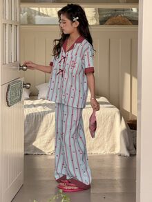 DAZY Tween Girl Cherry Colorblock Striped Print Lapel Collar Dropped Shoulder Loose Shirt And Pants Pajama Set, Spring/Summer/Autumn - Multicolor - View 2