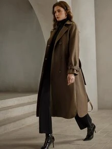 Anewsta 女士优雅冬季羊毛混纺大衣，翻领双排扣设计，配腰带，棕色，适合秋季、冬季穿着，尽显优雅、时尚、别致，亦可用于新年、休闲、圣诞节等场合，尽显奢华风范。 - 棕色 - 查看 3