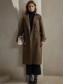 Anewsta 女士优雅冬季羊毛混纺大衣，翻领双排扣设计，配腰带，棕色，适合秋季、冬季穿着，尽显优雅、时尚、别致，亦可用于新年、休闲、圣诞节等场合，尽显奢华风范。 - 棕色 - 查看 6