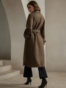 Anewsta 女士优雅冬季羊毛混纺大衣，翻领双排扣设计，配腰带，棕色，适合秋季、冬季穿着，尽显优雅、时尚、别致，亦可用于新年、休闲、圣诞节等场合，尽显奢华风范。 - 棕色 - 查看 2