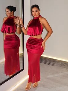 BamGleam Women's Elegant Halter Neck Ruched Short Top & Mesh Patchwork Pleated Slit Skirt 2 Pieces Set - Burgundy - View 3