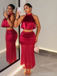 BamGleam Women's Elegant Halter Neck Ruched Short Top & Mesh Patchwork Pleated Slit Skirt 2 Pieces Set - Burgundy - View 5
