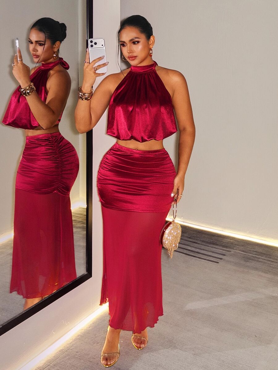 BamGleam Women's Elegant Halter Neck Ruched Short Top & Mesh Patchwork Pleated Slit Skirt 2 Pieces Set - Burgundy - View 1