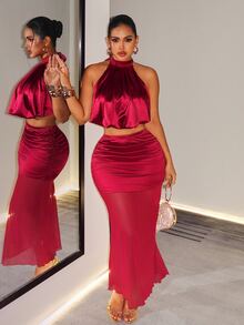 BamGleam Women's Elegant Halter Neck Ruched Short Top & Mesh Patchwork Pleated Slit Skirt 2 Pieces Set - Burgundy - View 7