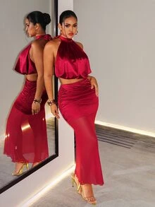 BamGleam Women's Elegant Halter Neck Ruched Short Top & Mesh Patchwork Pleated Slit Skirt 2 Pieces Set - Burgundy - View 6