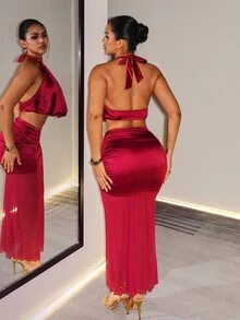 BamGleam Women's Elegant Halter Neck Ruched Short Top & Mesh Patchwork Pleated Slit Skirt 2 Pieces Set - Burgundy - View 2