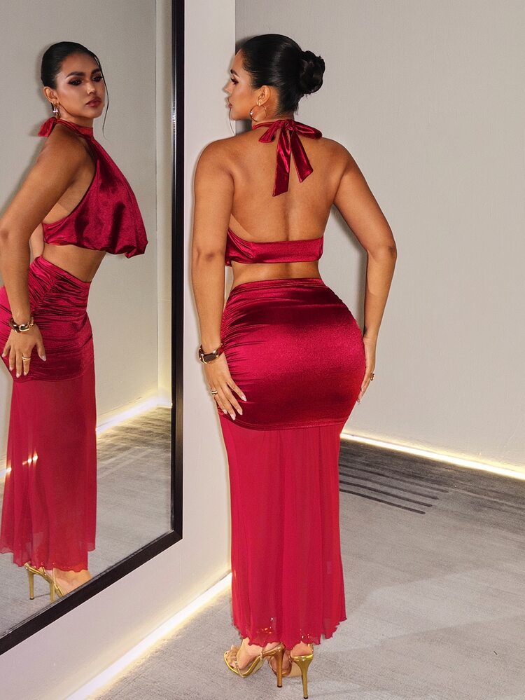 BamGleam Women's Elegant Halter Neck Ruched Short Top & Mesh Patchwork Pleated Slit Skirt 2 Pieces Set - Burgundy - View 2