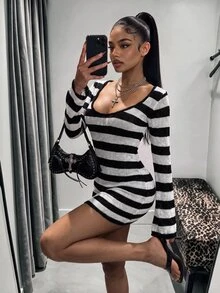 Bumpella Halter Neck Backless Criss-Cross Tie Sleeveless Distressed Sexy Tight Bodycon Ruched Knit Jumpsuit - Black and White - View 1