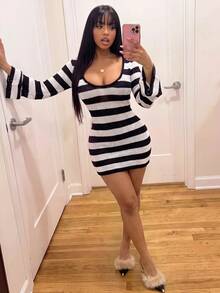 Bumpella Halter Neck Backless Criss-Cross Tie Sleeveless Distressed Sexy Tight Bodycon Ruched Knit Jumpsuit - Black and White - View 15