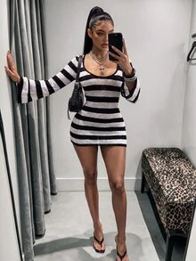 Bumpella Halter Neck Backless Criss-Cross Tie Sleeveless Distressed Sexy Tight Bodycon Ruched Knit Jumpsuit - Black and White - View 2