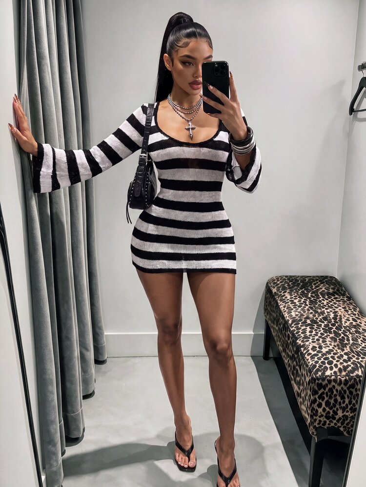Bumpella Halter Neck Backless Criss-Cross Tie Sleeveless Distressed Sexy Tight Bodycon Ruched Knit Jumpsuit - Black and White - View 2