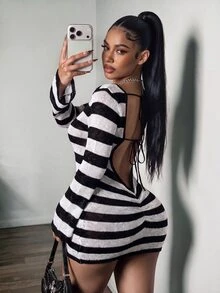Bumpella Halter Neck Backless Criss-Cross Tie Sleeveless Distressed Sexy Tight Bodycon Ruched Knit Jumpsuit - Black and White - View 14