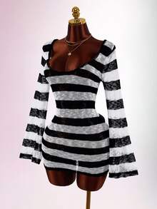 Bumpella Halter Neck Backless Criss-Cross Tie Sleeveless Distressed Sexy Tight Bodycon Ruched Knit Jumpsuit - Black and White - View 5