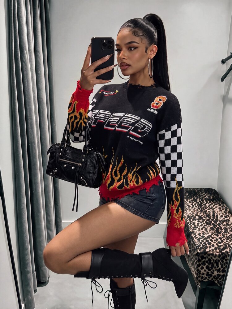 Bumpella Fall Clothes Women Spring Bikercore Fire & Letter Pattern Drop Shoulder Sweater,Long Sleeve Tops,Knitted Sweater - Black - View 1