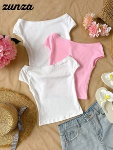 SHEIN Tween Girls 3pcs Off Shoulder Snug Fit Vacation T-Shirts, Multi-Piece & Multi-Color, Summer, Casual, Outfit, Comfortable, Daily - Multicolor - View 3