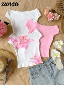 SHEIN Tween Girls 3pcs Off Shoulder Snug Fit Vacation T-Shirts, Multi-Piece & Multi-Color, Summer, Casual, Outfit, Comfortable, Daily - Multicolor - View 4