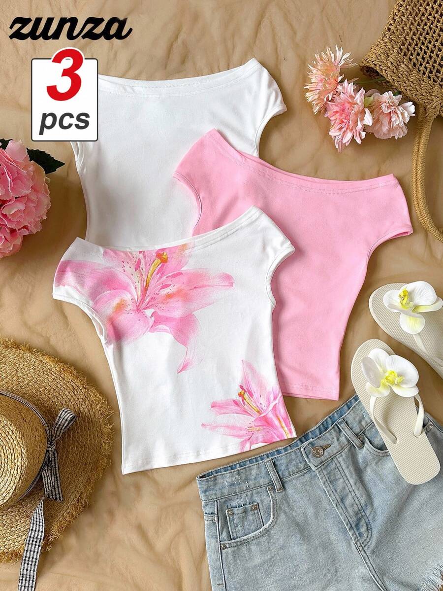 SHEIN Tween Girls 3pcs Off Shoulder Snug Fit Vacation T-Shirts, Multi-Piece & Multi-Color, Summer, Casual, Outfit, Comfortable, Daily