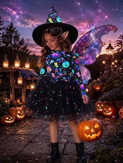 SHEIN Tween Girl Long Sleeve Dress, Halloween Glow-In-The-Dark Crew Neck Pullover Dress, Crew Neck Mesh Patchwork Dress, Glow-In-The-Dark Long Sleeve Colorf