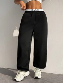 StreetHx Women's Fashion Embroidered Letter Colorblock Elastic Waist & Cuffed Leg Drawstring Sports Pants - Black - View 4