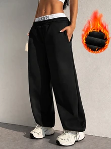 StreetHx Women's Fashion Embroidered Letter Colorblock Elastic Waist & Cuffed Leg Drawstring Sports Pants - Black - View 1