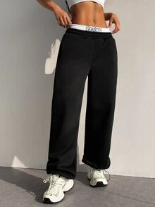 StreetHx Women's Fashion Embroidered Letter Colorblock Elastic Waist & Cuffed Leg Drawstring Sports Pants - Black - View 6