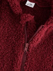 SHEIN 1件新生女嬰連帽連身衣可愛甜美酒紅色熊耳毛絨長袖連帽加厚連腳褲，適合冬秋節日 - 酒紅色 - 查看 7