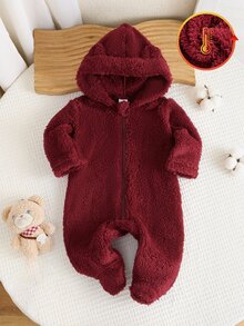 SHEIN 1件新生女嬰連帽連身衣可愛甜美酒紅色熊耳毛絨長袖連帽加厚連腳褲，適合冬秋節日 - 酒紅色 - 查看 8