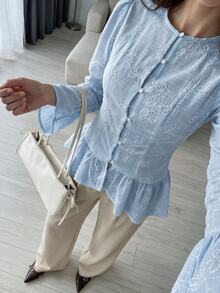 Solavon Women's Floral Embroidered Pattern Casual Daily Wear Shirt - Baby Blue - View 4