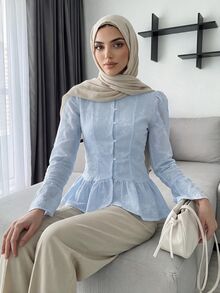 Solavon Women's Floral Embroidered Pattern Casual Daily Wear Shirt - Baby Blue - View 6