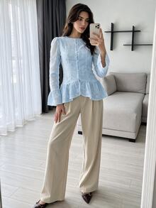 Solavon Women's Floral Embroidered Pattern Casual Daily Wear Shirt - Baby Blue - View 3