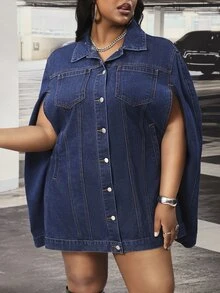 Slaydiva Women's Plus Size Fashion Asymmetrical Loose Versatile Long Sleeve Denim Jacket Coat, Autumn/Winter - Dark Wash - View 8