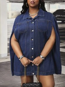 Slaydiva Women's Plus Size Fashion Asymmetrical Loose Versatile Long Sleeve Denim Jacket Coat, Autumn/Winter - Dark Wash - View 6