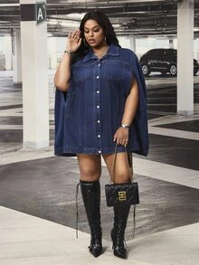 Slaydiva Women's Plus Size Fashion Asymmetrical Loose Versatile Long Sleeve Denim Jacket Coat, Autumn/Winter - Dark Wash - View 5