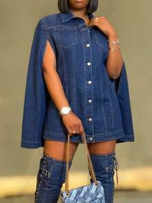 Slaydiva Women's Plus Size Fashion Asymmetrical Loose Versatile Long Sleeve Denim Jacket Coat, Autumn/Winter - Dark Wash - View 2