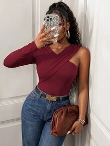 Zolique Women's Solid Color Ruched Fitted Long Sleeve Casual T-Shirt Fall Cloth For Women - Burgundy - View 3
