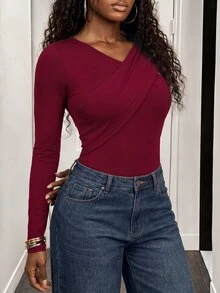 Zolique Women's Solid Color Ruched Fitted Long Sleeve Casual T-Shirt Fall Cloth For Women - Burgundy - View 5