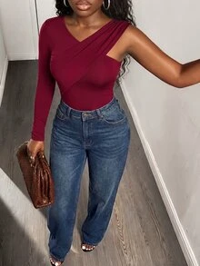 Zolique Women's Solid Color Ruched Fitted Long Sleeve Casual T-Shirt Fall Cloth For Women - Burgundy - View 7